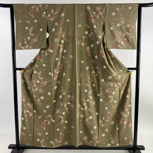 小紋 身丈155.5cm 裄丈64cm M 袷 桜 蝶 金彩 茶色 正絹 優品 【中古】