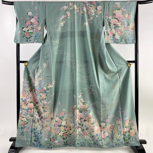 訪問着 身丈164cm 裄丈67cm M 袷 鴛鴦 草花 金彩 ぼかし 薄緑 正絹 名品 【中古】