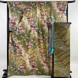  long-sleeved kimono length 167cm sleeve length 69cm L. double-woven obi full set . plum gold silver . bokashi powdered green tea color silk beautiful goods preeminence goods [ used ]
