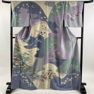 訪問着 身丈167cm 裄丈68cm L 袷 松竹梅 菊 金糸 金彩 薄紫 正絹 名品 【中古】