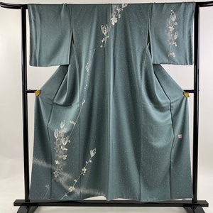 付下げ 身丈154.5cm 裄丈64cm M 袷 落款 菊 シルエット 金彩 灰緑 正絹 美品 名品 【中古】