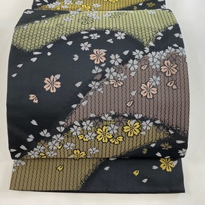 袋名古屋帯 美品 優品 桜 花びら 黒 化繊 【中古】