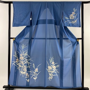 付下げ 身丈157cm 裄丈62cm S 薄物 絽 草花 水色 正絹 名品 【中古】