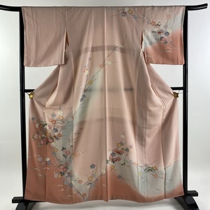 訪問着 身丈162cm 裄丈65cm M 袷 松 枝梅 ぼかし 薄ピンク 正絹 秀品 【中古】