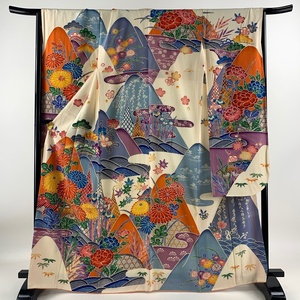 振袖 身丈164.5cm 裄丈68cm L 袷 菊 松竹梅 染め分け クリーム 正絹 名品 【中古】