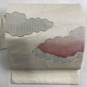 名古屋帯 美品 優品 雲文 流水 銀糸 銀彩 クリーム 正絹 【中古】