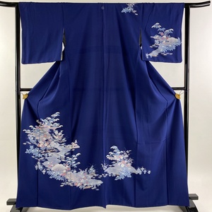 付下げ 身丈162cm 裄丈63cm S 袷 草花 建物 紺色 正絹 美品 優品 一つ紋 【中古】