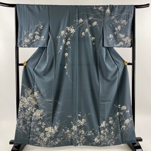 訪問着 身丈163cm 裄丈63cm S 袷 秋草 菊 螺鈿 金彩 青灰色 正絹 秀品 【中古】