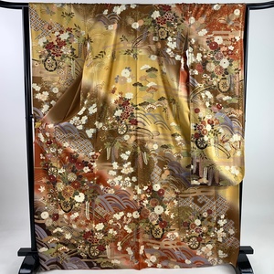 振袖 身丈170cm 裄丈65.5cm M 袷 花車 蝶 金糸 金彩 赤茶 正絹 秀品 【中古】