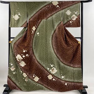 訪問着 身丈165cm 裄丈63.5cm S 袷 やまと 草花 松皮菱 絞り 刺繍 茶緑色 正絹 秀品 【中古】