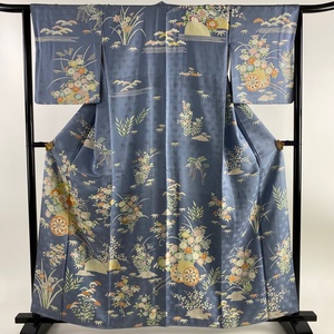 付下げ 身丈160cm 裄丈64cm M 袷 花車 草花 相良刺繍 刺繍 青灰色 正絹 秀品 【中古】