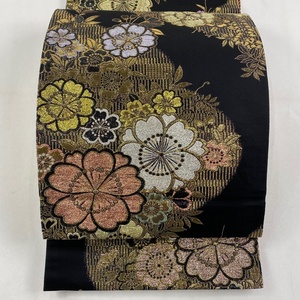 袋帯 美品 秀品 桜 箔 黒 全通 正絹 【中古】