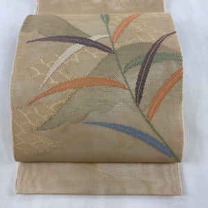 袋帯 美品 秀品 証紙 夏帯 紗 まいづる 葉柄 薄茶色 お太鼓柄 正絹 【中古】