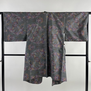  door garment length 105cm sleeve length 64.5cm M Japanese clothes coat pongee ground . flower ash green silk beautiful name of product goods [ used ]