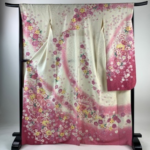 振袖 身丈169cm 裄丈66.5cm L 袷 草花 乱菊 金通し 金糸 ピンク 正絹 名品 【中古】