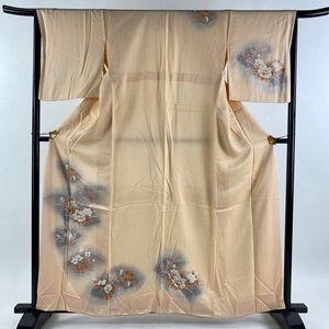 付下げ 身丈159cm 裄丈65.5cm M 袷 扇面 草花 金彩 薄オレンジ 正絹 優品 【中古】