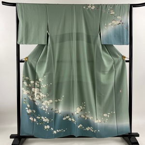 訪問着 身丈158.5cm 裄丈65cm M 袷 落款 枝花 ぼかし 薄緑 正絹 美品 秀品 【中古】