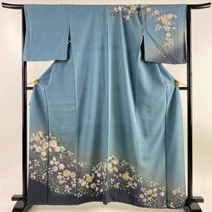 訪問着 身丈162cm 裄丈66.5cm M 袷 辻が花 染分け 青緑 正絹 名品 【中古】