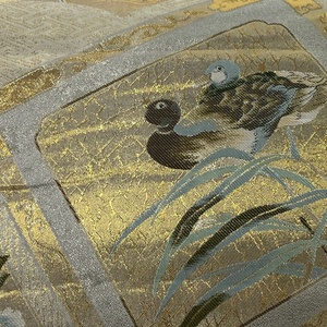  maru obi прекрасный товар замечательная вещь национальное достояние -слойный документ фирма храм потолок . map Kyoto запад книга@. храм двусторонний . цветы и птицы золотой нить . серебряный цвет все через натуральный шелк [ б/у ]