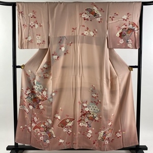 訪問着 身丈157cm 裄丈65cm M 袷 扇 枝花 金彩 ぼかし ピンク 正絹 優品 【中古】