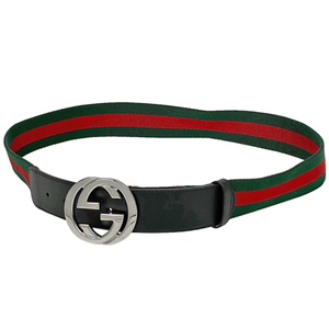 グッチ GUCCI ウェブ ベルト Gバックル シェリーライン インターロッキングG ベルト キャンバス レザー グリーン レッド メンズ 中古