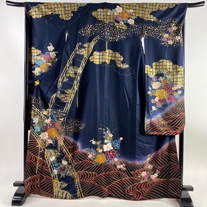 振袖 身丈167cm 裄丈68.5cm L 袷 草花 橋 金彩 金糸 濃紺 正絹 名品 【中古】