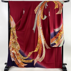  long-sleeved kimono length 166.5cm sleeve length 67cm M.. bundle .. gold paint dyeing dividing red purple silk name goods [ used ]