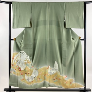  color tomesode length 154cm sleeve length 63cm S. chicken . flower embroidery gold paint ash green silk super goods one .[ used ]