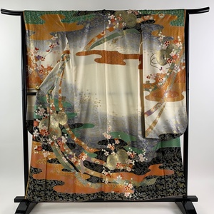  long-sleeved kimono length 157.5cm sleeve length 64.5cm M. katsura tree . beautiful .. hand drum branch plum gold silver . lame cream silk preeminence goods [ used ]