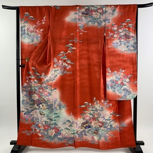  long-sleeved kimono length 162.5cm sleeve length 66.5cm M. pine bamboo plum scenery gold silver . gold through .. color silk preeminence goods [ used ]