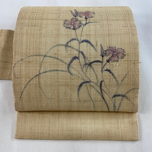 名古屋帯 美品 秀品 落款 夏帯 草花 ベージュ 正絹 【中古】