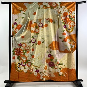  long-sleeved kimono length 159cm sleeve length 64cm M. flower car . flower gold silver thread gold paint cream silk super goods [ used ]