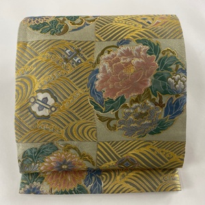 袋帯 美品 秀品 西暦ニ000年記念 花丸文 宝尽くし 箔 金糸 灰緑 六通 正絹 【中古】