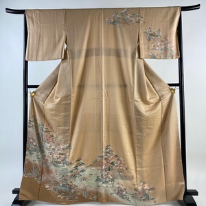 訪問着 身丈166cm 裄丈66cm M 袷 松竹梅 建物 金彩 薄オレンジ 正絹 美品 秀品 【中古】