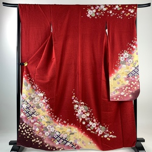  long-sleeved kimono length 165cm sleeve length 67cm M. Sakura . gold thread gold through . red silk beautiful name of product goods [ used ]