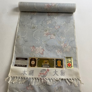 反物 秀品 紬 証紙 花唐草 青灰色 正絹 【中古】