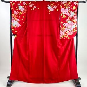  long-sleeved kimono length 166cm sleeve length 68cm L. flower rhinestone gold paint red .. beautiful goods super goods [ used ]