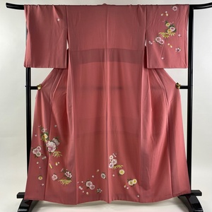 付下げ 身丈161cm 裄丈67cm M 袷 草花 花びら ピンク 正絹 秀品 【中古】