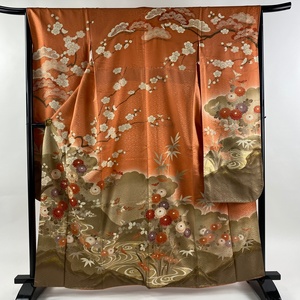 振袖 身丈162cm 裄丈64cm M 袷 枝梅 菊 金糸 金銀彩 オレンジ 正絹 秀品 【中古】