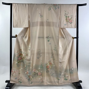 訪問着 身丈162cm 裄丈64cm M 袷 草花 雪輪 刺繍 金銀彩 薄ピンク 正絹 名品 【中古】