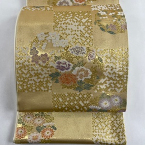  double-woven obi beautiful goods preeminence goods proof paper flower 100 . Kansai tailoring Hanamaru writing city pine Tang woven . gold color six through silk [ used ]