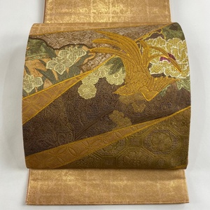 袋帯 美品 秀品 鳥 草花 刺繍 金彩 焦茶色 お太鼓柄 正絹 【中古】