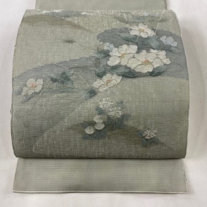 袋帯 美品 名品 夏帯 絽 草花 流水 銀糸 灰緑 お太鼓柄 正絹 【中古】