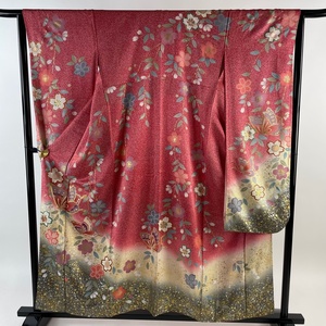 振袖 身丈157cm 裄丈64.5cm M 袷 蝶 桜 金糸 金彩 茜色 正絹 名品 【中古】