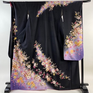  long-sleeved kimono length 168.5cm sleeve length 71cm L. Sakura .. gold paint black silk name goods [ used ]