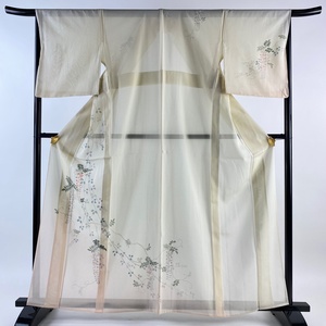 訪問着 身丈162cm 裄丈67cm M 薄物 絽 藤 萩 銀糸 銀彩 クリーム 正絹 名品 【中古】