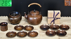 NY4-141【長期保管品】徳真堂　茶器揃　茶筒　茶托10客　建水　銅瓶　茶道具　茶器　煎茶道具　金属工芸　鎚起銅器　中古品　現状品