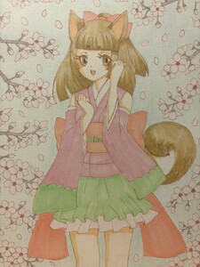 Art hand Auction Hand-drawn illustration Shiba Inu Sakura Girl A4, comics, anime goods, hand drawn illustration