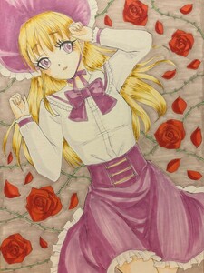 Art hand Auction Hand drawn illustration purple lolita rose girl A4, comics, anime goods, hand drawn illustration