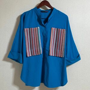 P.k.d ポケットデザインがかわいい7分袖シャツ フロントボタン おしゃれ ブルー 青 サイズ13